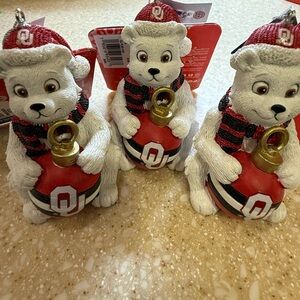 3 UO OKLAHOMA UNIVERSITY SOONERS BEAR CHRISTMAS TEAM ORNAMENT SET of 3 BRAND NEW